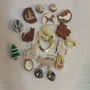 Collection of Vintage Scarf Clips and Button Covers-Wood-Metal-Plastic